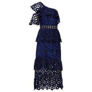SELF-PORTRAIT Navy One Shoulder Velvet Lace Midi